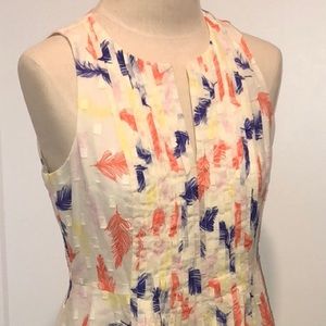 CeCe feather print A-line dress with pleated front